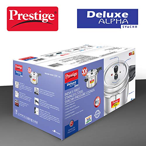 Prestige 5L Deluxe Alpha Svachh stainless steel Pressure Cooker|Outer lid|Ideal for 5-7 persons|Deep lid for spillage control|Gas & induction compatible|Silver - Image 3