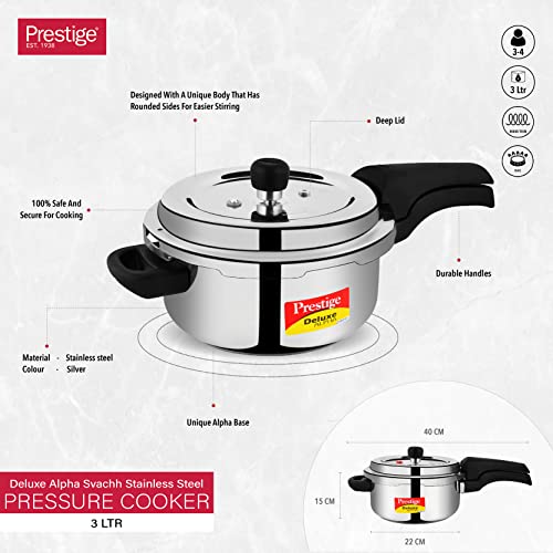 Prestige 3L Svachh Deluxe Alpha stainless steel Pressure Cooker|Outer lid|3-4 personsl|Deep lid for spillage control|Gas & induction compatible|Controlled GasketRelease System|Silver|10 years warranty - Image 4