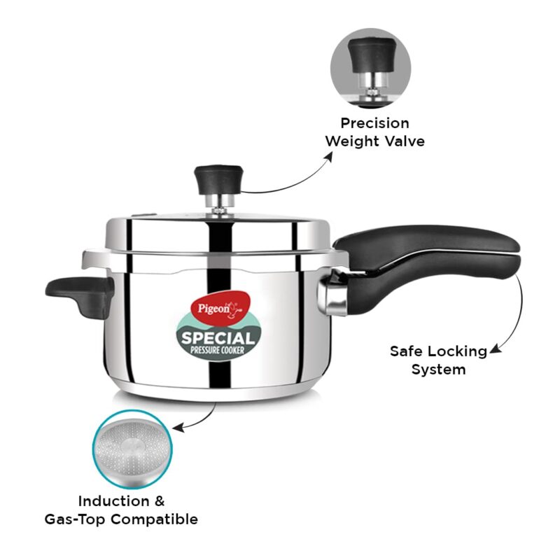 Pigeon By Stovekraft Special Stainless Steel Pressure Cooker with Outer Lid Induction and Gas Stove Compatible 2, 3, 5 Litre Capacity for Healthy Cooking (Silver) - Image 6
