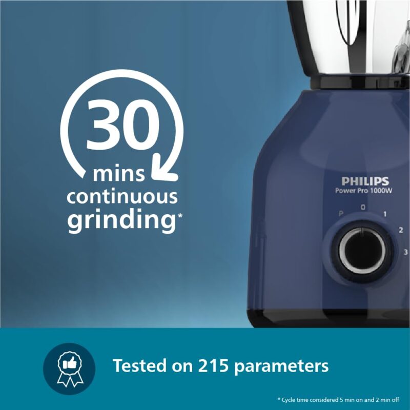 Philips HL7714/01, 1000 W PowerPro Motor Mixer Grinder, 4 Jars (Azure Blue), Edged blade made of superior SS304 material, Quick cool ventilation for longer motor life - Image 3