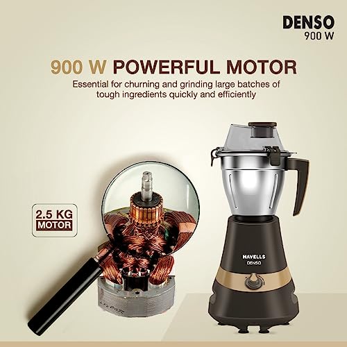 Havells Denso Heavy Duty 900 Watts 3 Jar Mixer Grinder, Ball Bearing Copper Motor, 21000 RPM, Large Size Break Resistant Alluminium Collar Jars with Flow Breaker, 5Years Motor Warranty (Dark Brown) - Image 6
