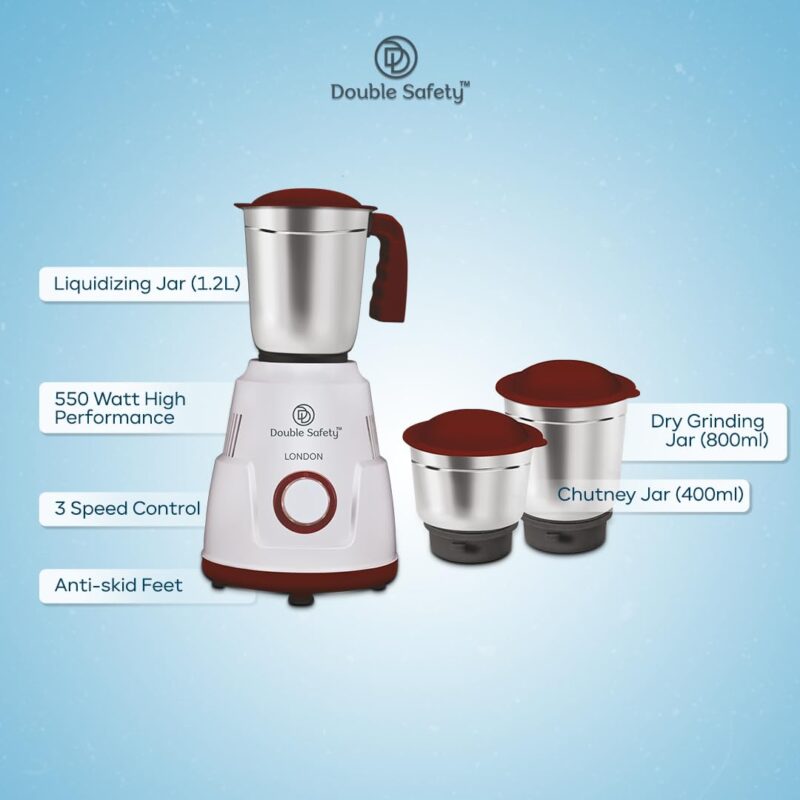 Double safety London Mixer Grinder 550 watts | 3 Stainless Steel Jars | Chutney Jar, Dry Grinding and Liquidizing jar to make chutneys, Milkshake, Smoothies, Puree | High Speed - Image 8