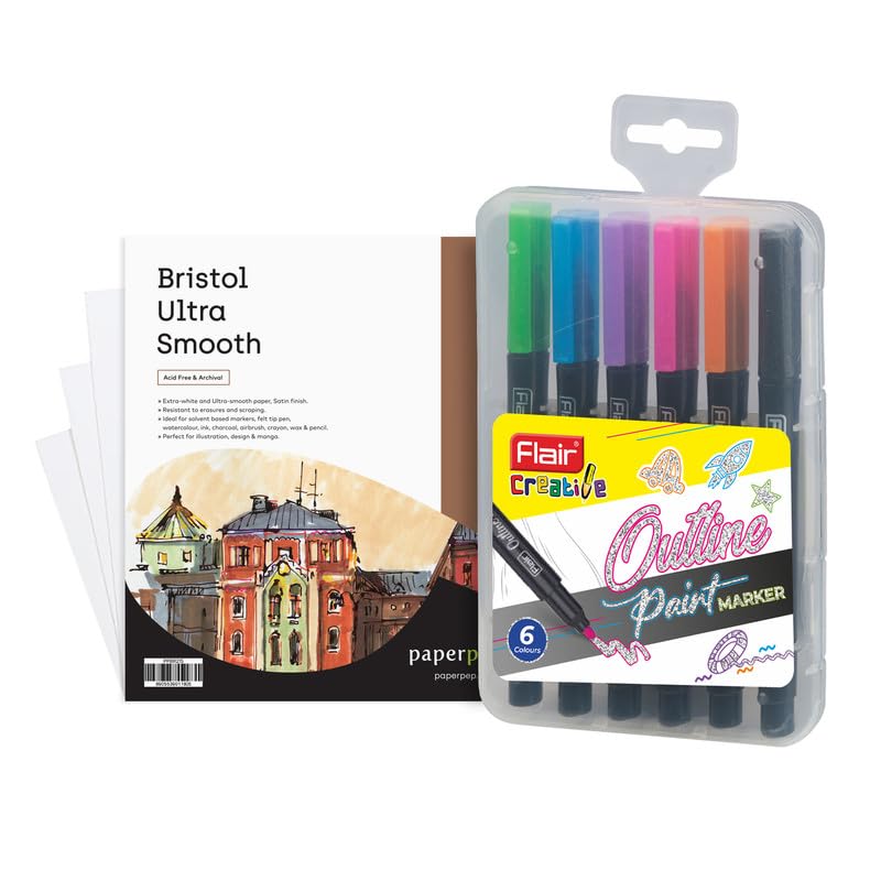 Flair Creative Outline Metallic Paint 6 Multicolour Pens With 6x6 Bristol Ultra Smooth Paper Combo Pack Bianco,White