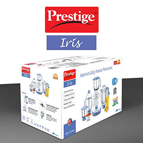 Prestige Iris 750 Watt Mixer Grinder with 3 Stainless Steel Jar + 1 Juicer Jar (White and Blue) - Image 2