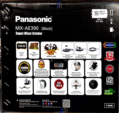 Panasonic MX-AE390 (Black) Monster Super Mixer Grinder 750W With 3 Jar - Image 4