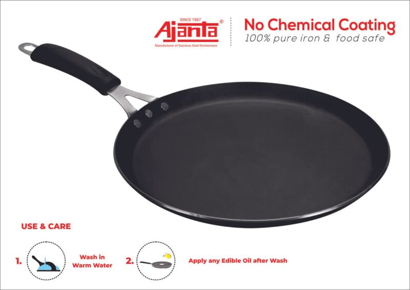 AJANTA Iron DOSA TAWA (11 inch, 3 MM Thickness) for Dosa/Roti/chapati| Gas and Induction Friendly | Non Toxic | Naturally Nonstick| Pure Iron Cookware - Image 3