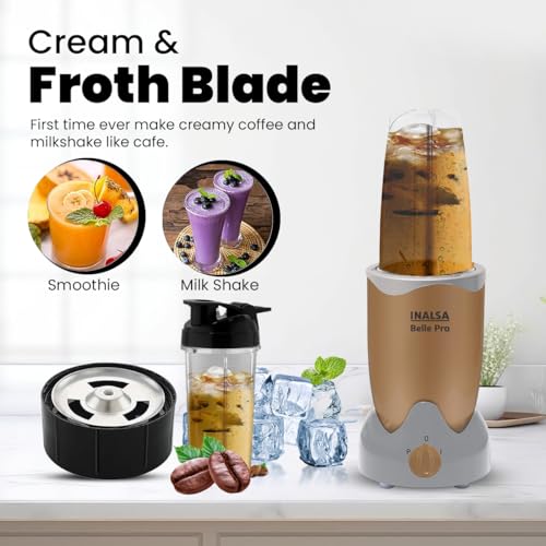 INALSA Bullet Mixer Grinder|5 Jar include 2 Storage Jar For Smothies,Coffee,Dry fruits & Wet Grinding|600 W, Copper Motor|3 Blades Including Froth Blade with 2 Sipper & 1 Seasoning Cap|2 Yr Warranty - Image 8