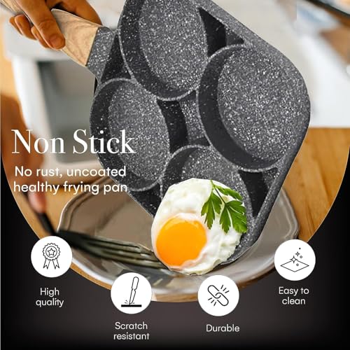 Dream Corporate World 4 Cups Egg Pan Omelette Pan Frying Pan Egg Frying Pan 4 Cup Crepe Pan Granite Egg Cooker Breakfast Pancakes Pan Suitable for Gas Stove & Induction Cookware (Wood Grain Handle) - Image 7