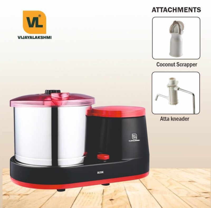 VIJAYALAKSHMI | Dezire 2 Litre | Heavy ABS Body Wet Grinder, 2L (Black & Red) | with Coconut Scrapper & Atta Kneader Attachment. - Image 2