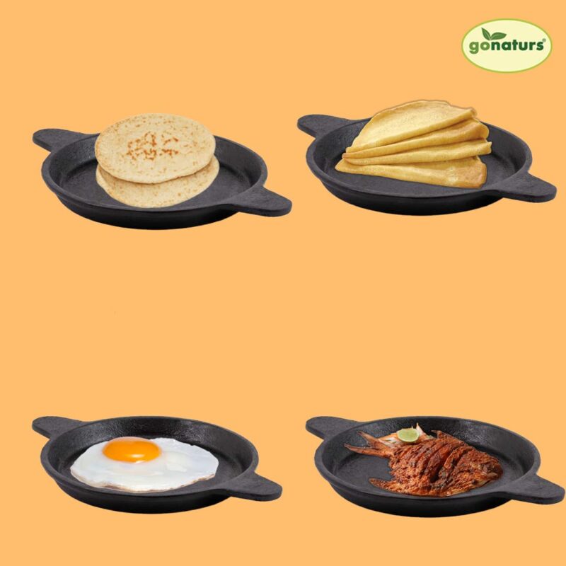 GONATURS Cast Iron Cookware-Tawa for Dosa/Fish Fry/Chapati/Roti/Naan. Dosa Tawa, Dosa Kallu, Dosa Chatti, Iron Tawa. Healthy Cast Iron tawa-Gas and Induction Compatible.(Black) 9Inch - Image 2