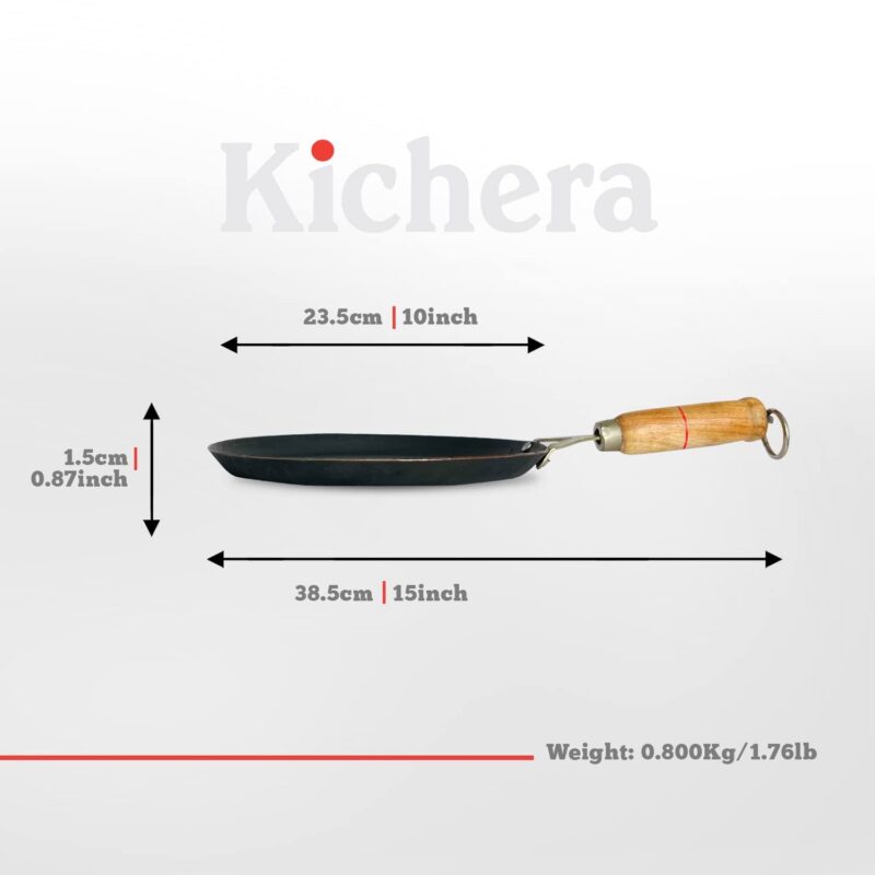 Kichera Pure Iron Fish Fry Pan with Wooden Handle |Omlette Pan 23.5cm/10 inch, 0.8kg | Gas Stove and Induction Friendly | Pre-Seasoned Black Flat Sheet Metal Iron Tawa - Image 5