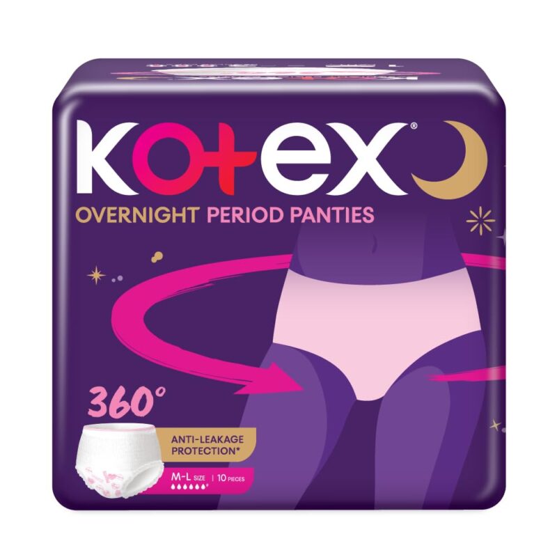 Kotex Overnight Period Panties (Medium/Large size, pack of 10 panties) for heavy flow period protection | with 360 degree anti-leakage design & airy-soft fabric | 1 panty = 3 regular pads