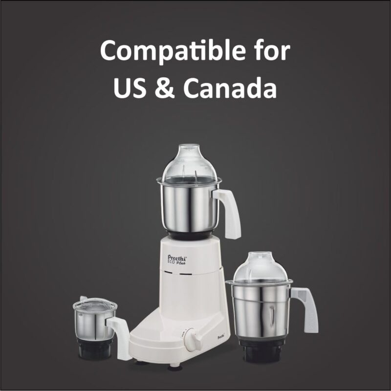 Preethi Eco Plus MG-138 110V, 550 Watt Mixer Grinder with 3 Jars (0.4L Chutney grinding Jar + 1.0L dry grinding Jar + 1.5L Wet grinding Jar, Stainless Steel) with 5 Yrs Motor warranty, White - Image 2