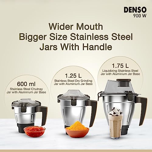 Havells Denso Heavy Duty 900 Watts 3 Jar Mixer Grinder, Ball Bearing Copper Motor, 21000 RPM, Large Size Break Resistant Alluminium Collar Jars with Flow Breaker, 5Years Motor Warranty (Dark Brown) - Image 5