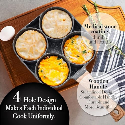 Dream Corporate World 4 Cups Egg Pan Omelette Pan Frying Pan Egg Frying Pan 4 Cup Crepe Pan Granite Egg Cooker Breakfast Pancakes Pan Suitable for Gas Stove & Induction Cookware (Wood Grain Handle) - Image 8