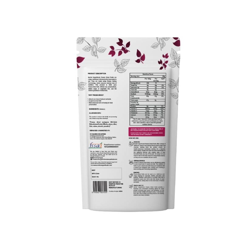 Nectar Superfoods Freeze Dried Mulberry | No Preservatives, No Added Sugar, Healthy Dried Fruit | 100% Natural, Vegan, Gluten Free Snack for Kids and Adults | 20 gram Pouch (Pack of 1) - Image 7