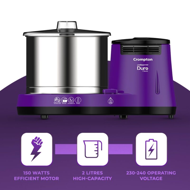 Crompton's Duro Classic Wet Grinder with 150W Motor for Uniform Grinding, High Grade 2L Stainless Steel Drums, Strong ABS Body & 5 Years of Warranty on Motor - Image 3