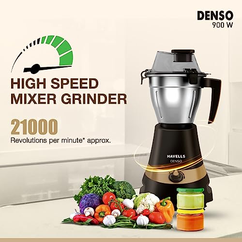 Havells Denso Heavy Duty 900 Watts 3 Jar Mixer Grinder, Ball Bearing Copper Motor, 21000 RPM, Large Size Break Resistant Alluminium Collar Jars with Flow Breaker, 5Years Motor Warranty (Dark Brown) - Image 3