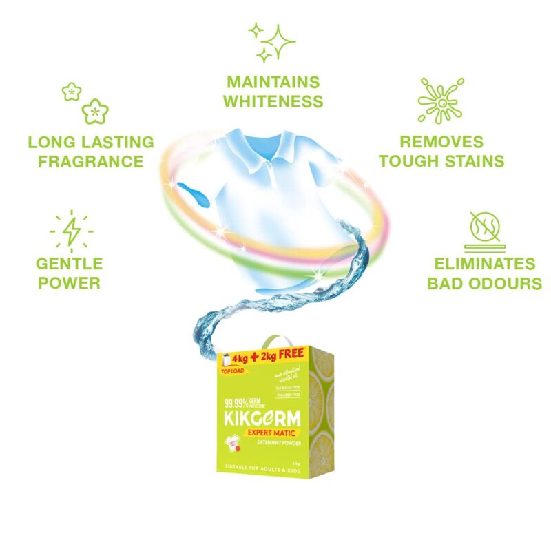 Kikgerm Plant Based Top Load Laundry Detergent Powder - Natural, Eco-friendly, Non-toxic, Chemical-free, Biodegradable - Skin Safe, Pet Safe - Tough Stain Remover - 4 Kg + 2 Kg (6 Kg) - Image 6