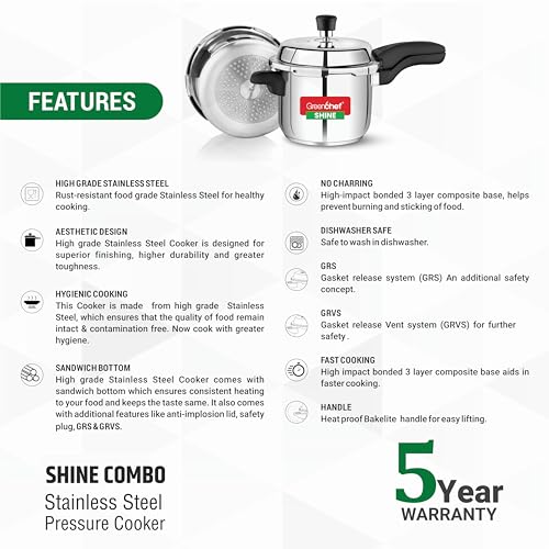 Greenchef Shine Stainless steel pressure cooker combo outer lid(5ltrs+3ltrs+2ltrs pan) - Induction compatible - Image 2