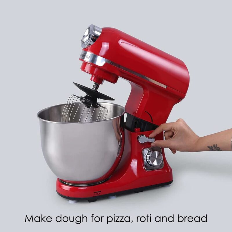 Crimson Edge Die-Cast Metal Stand Kitchen Mixer & Beater with free attachments | 5.7L SS Bowl | 1000W motor | 6 Speed Setting | Whisking Cone, Mixing Beater & Dough Hook attachments | 3 Yrs warranty | Red - Image 2