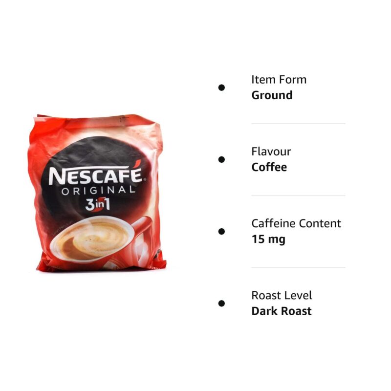 Nescafe 3 In 1 Original Soluble Coffee Powder Beverage, 30 Sachets Bag Instant Coffee 525Gm (Imported) - Image 5