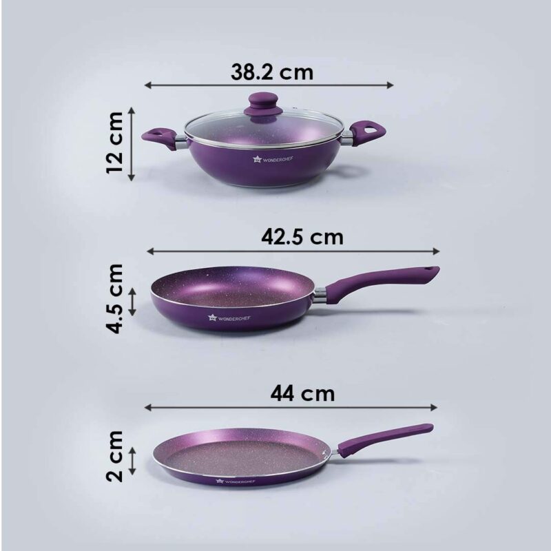 Orchid Non-Stick Cookware 4 Piece Set | Kadhai with Glass Lid 2.7L, Dosa Tawa 28cm, Fry Pan 24cm | Induction Bottom | Soft Touch Handles | Pure Grade Aluminium | PFOA Free | 2 Year Warranty | Purple - Image 3