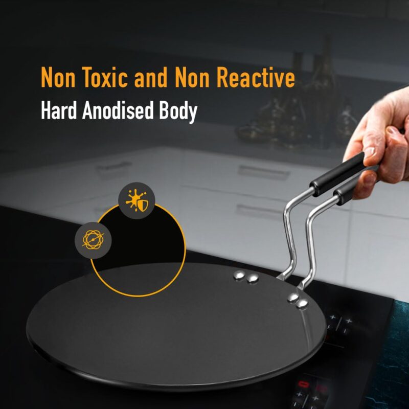 KENT Hard Anodised Roti Tawa 25 CM | Non Reactive, Non Toxic, & Non staining Food Grade Surface | 4.88 mm Thick Base for Uniform Heating | Cool Touch bakelite Handle | Induction Friendly | Black - Image 3