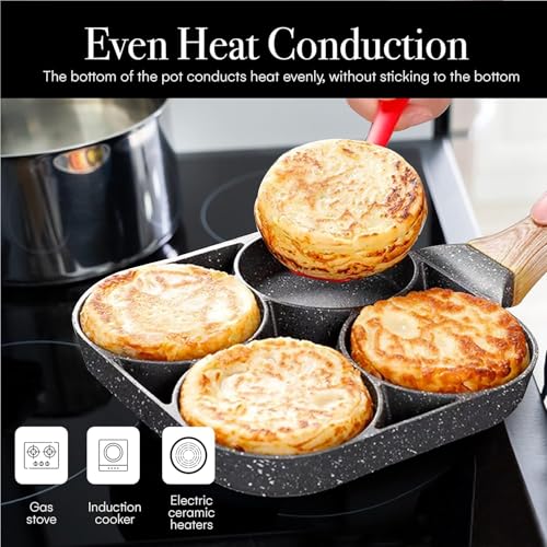 Dream Corporate World 4 Cups Egg Pan Omelette Pan Frying Pan Egg Frying Pan 4 Cup Crepe Pan Granite Egg Cooker Breakfast Pancakes Pan Suitable for Gas Stove & Induction Cookware (Wood Grain Handle) - Image 6