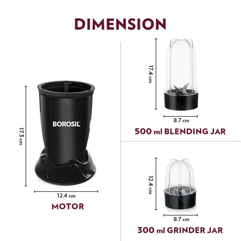 Borosil NutriFresh Portable Mini-Blender & Grinder, 500 ml Blending Jar, 300 ml Chutney Jar, For Blending Smoothies & Chutneys, Dry Grinding Spices, Black, 400 W - Image 8