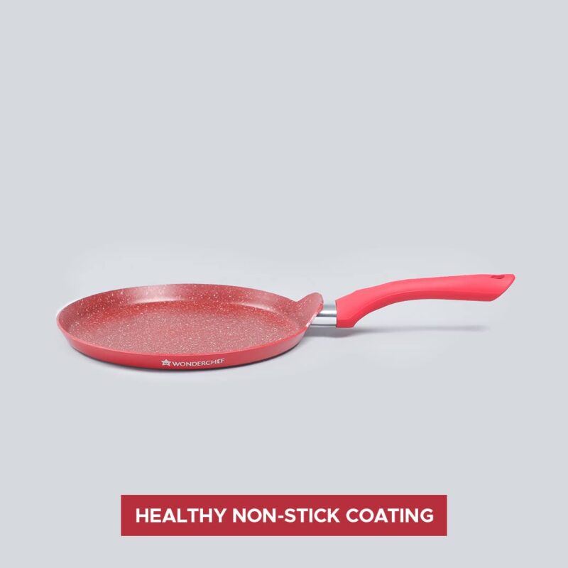 Wonderchef Royal Velvet Non-Stick Dosa Tawa | Induction Bottom | Soft-Touch Handle | Virgin Grade Aluminium | PFOA/Heavy Metals Free | 3 mm | 28cm Non-Stick Tawa | 2 Years Warranty | Red - Image 6