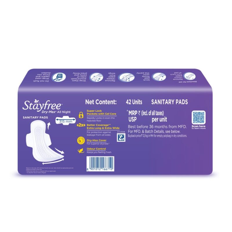 Stayfree Dry Max XXL | 42 Pads | All Night XXL Dry Cover Sanitary Pads for Women | Convert Heavy flow into Gel | Odour Control | Absorbs 2x more with wider back | Superior Dry feel | Ultra Thin Pads | - Image 7