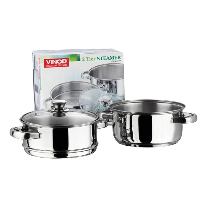Vinod Stainless Steel Steamer 2 Tier with Glass Lid 18 cm | 2.5 mm Thick Base | Multi Purpose Momos, Modak Maker Steamer | Induction and Gas Base | 2 Year Warranty - Silver - Image 2
