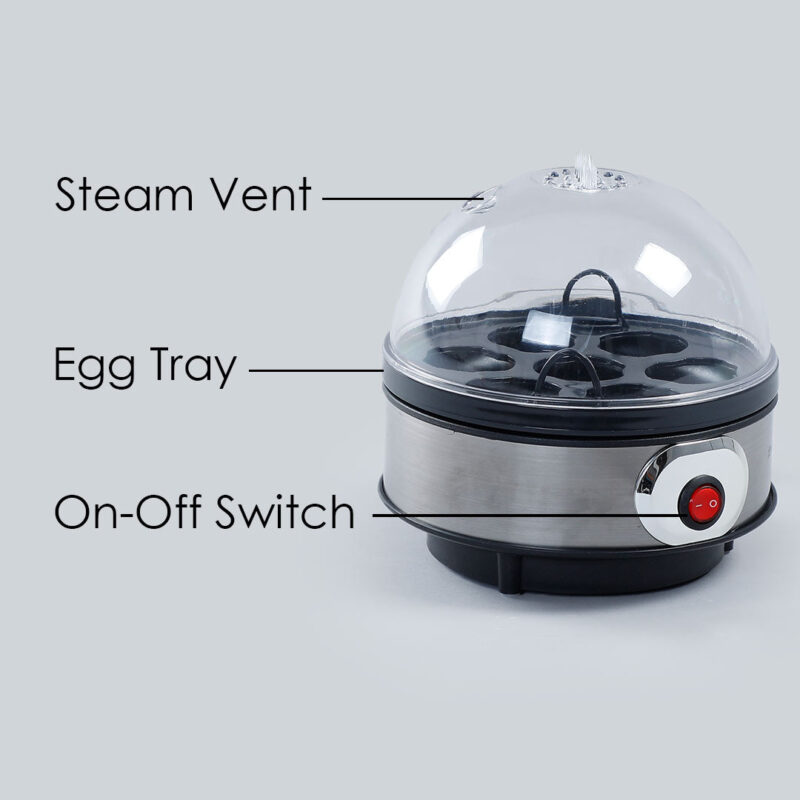 Instant Electric Egg Boiler with 7 Egg Poachers|3 Boiling Modes, Soft, Medium, Hard| Auto Shut Off Technology| Non-stick Egg Rack, Transparent Lid, Stainless Steel Body & Heating Plate, Steamer Rack| Alarm| Easy & Quick Operation| Black| 2 Year Warranty - Image 5