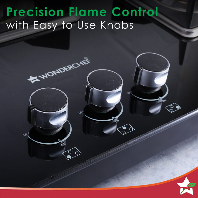 Octavia 3 Burner Glass Hob Top Auto Cooktop | 8mm Toughened Glass | Auto Ignition | Forged Brass Burners | Stainless Steel Drip Tray | Anti-Skid Legs | Large & Heavy Pan support | LPG compatible | Black steel frame | 2 Year Warranty | Black - Image 4
