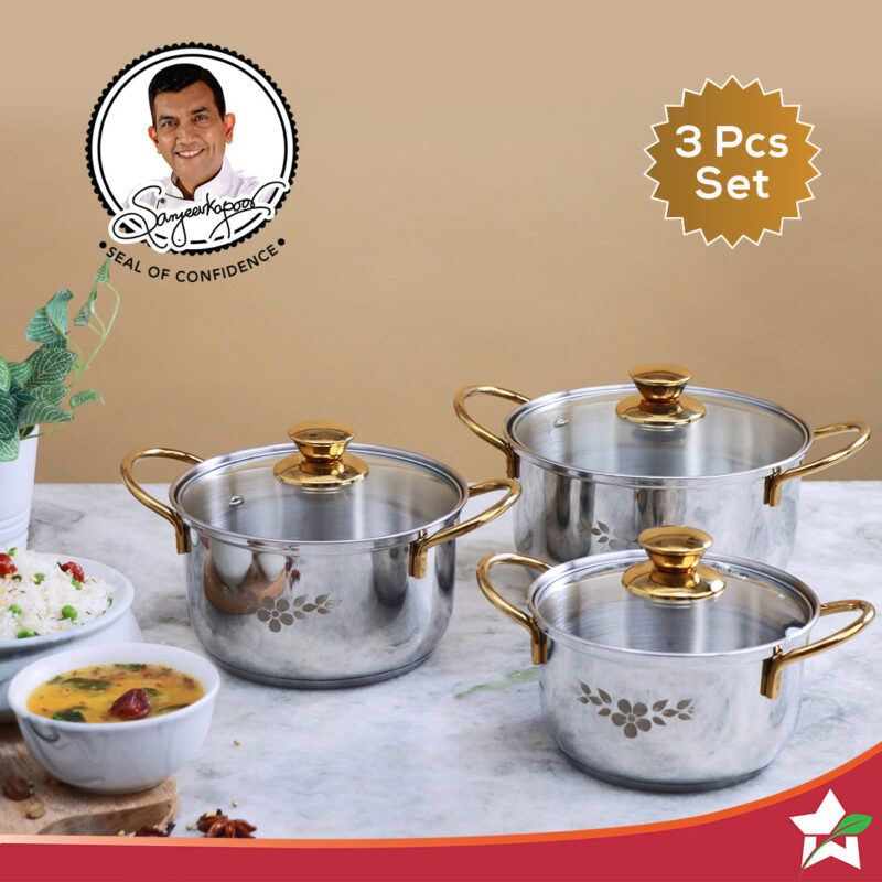 Wonderchef Renewed Gold Stanton Stainless Steel 3 piece Casserole Set with Glass Lid | Golden knobs and handles | Induction & Gas Stove friendly | Set of 3 (1.6L, 2.3L, 3.1L) | 1 Year Warranty - Image 4