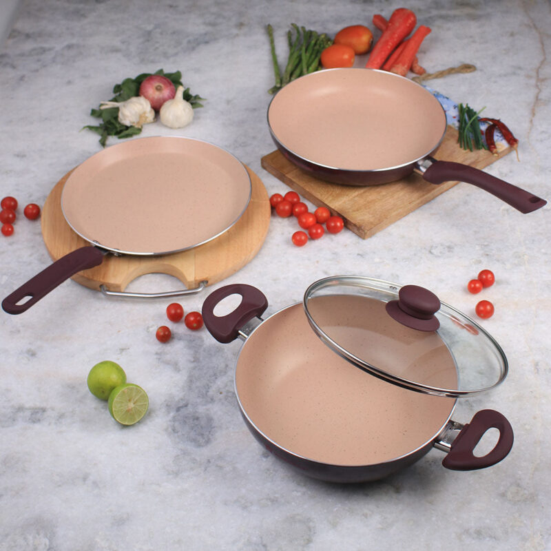 Milano Set Burgundy 24 cm, Wok, Fry Pan, Dosa Tawa, Meta Tuff - non - stick coating, Pure grade Aluminum, - Image 4