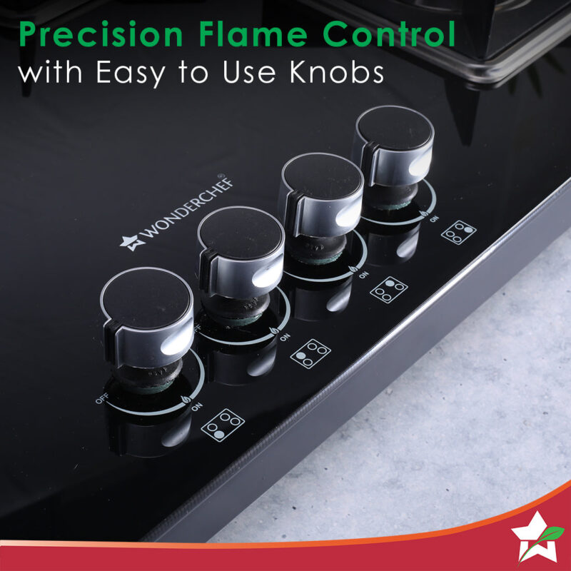 Octavia 4 Burner Glass Hob Top Auto Cooktop | 8mm Toughened Glass | Auto Ignition | Forged Brass Burners | Stainless Steel Drip Tray | Anti-Skid Legs | Large & Heavy Pan support | LPG compatible | Black steel frame | 2 Year Warranty | Black - Image 4