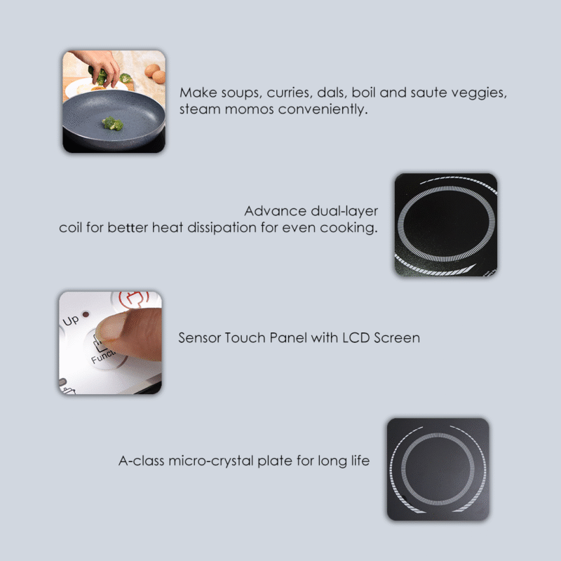 Torino Induction Cooktop with 11 Pre-set Cooking Menus|2000 Watt Induction Cooktop| Eco-friendly IGBT Technology|Crystal Glass Top Surface| LCD Digital Panel | Smart Touch Buttons|Compact & Portable Induction Cooktop| 2 Year Warranty - Image 5