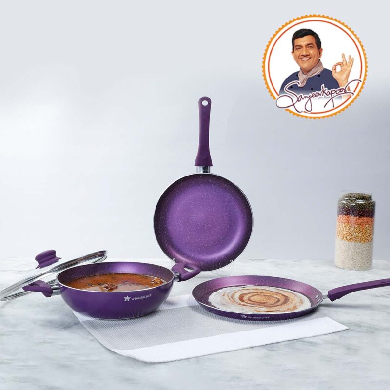 Orchid Non-Stick Cookware 4 Piece Set | Kadhai with Glass Lid 2.7L, Dosa Tawa 28cm, Fry Pan 24cm | Induction Bottom | Soft Touch Handles | Pure Grade Aluminium | PFOA Free | 2 Year Warranty | Purple - Image 5
