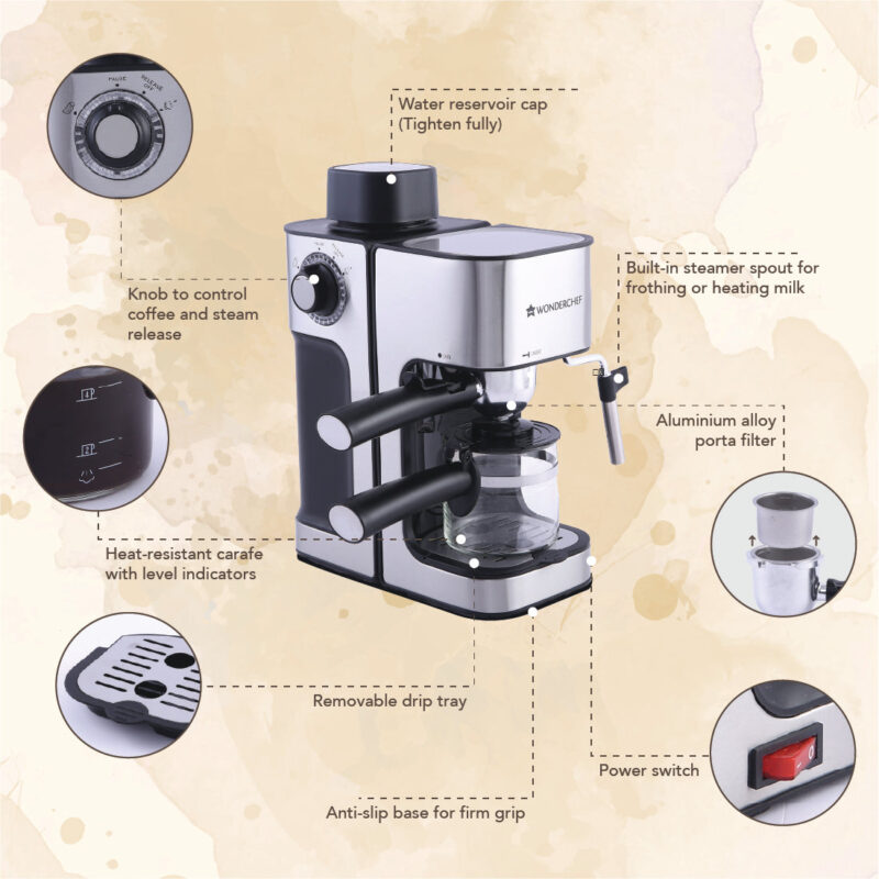Regalia Espresso Coffee Maker 5 Bar I With Steamer for Cappuccino & Latte | Steam Tube for Froth I Metal Porta Filter & Heat-Resistant Carafe|Stainless Steel Body|Professional Style Coffee| Works with Coffee Powder| 2 Year Warranty| Black & Silver - Image 3