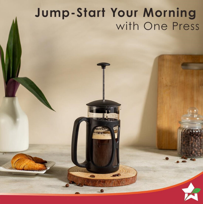 French Press Coffee & Tea Maker 600 ml | Premium Heat Resistant Borosilicate Glass Carafe in SS Housing | 4 Level Filtration System | SS Plunger with Mesh |  3-4 Cups of Coffee | Brews in Just 3 Minutes | Black | 1 Year Warranty - Image 4