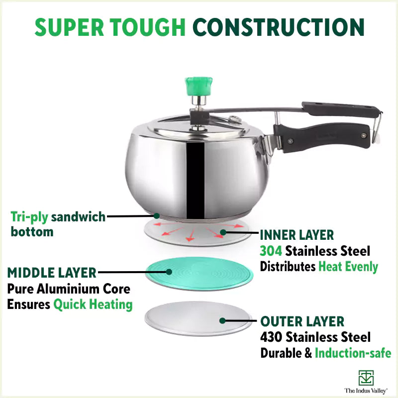 3L+5L QuicKooker Stainless Steel Pressure Cooker Combo+ Free ₹600 Wood Chopping Board, Premium Quality, Tri-ply (3 Layer) Heavy Bottom, 3Yr Warranty, ISI Certified, Induction & Gas - Image 5