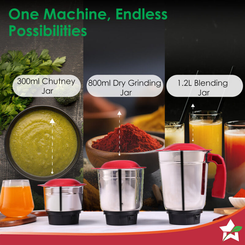Robo 500 W Mixer Grinder | 3 Stainless Steel Jars for Powerful Blending, Mixing, Grinding | 3-Speed & Pulse Function | Anti-Skid Feet | 5 Years Warranty on Motor | Red & White - Image 4