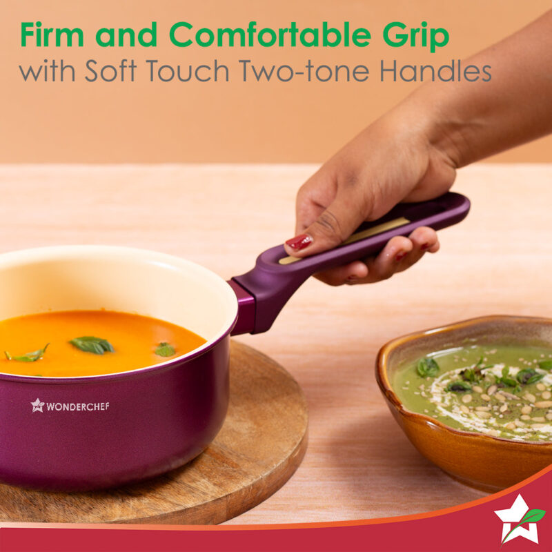 Bellagio Sauce Pan | 16 cm | 1.4 L | Non-Stick Ceramic Coating | Non-Toxic | Pure Aluminium | PFAS and PFOA Free | 3mm Thickness | Two-Tone Soft-Touch Handle and Knob | Firm Grip | 2 Years Warranty - Image 4