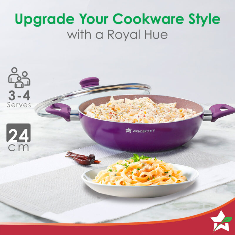 Wonderchef Renewed Royal Velvet Non-stick 24cm Kadhai with Handles (without Lid) | Induction Ready | Soft-touch handles | Non-Toxic I Virgin Grade Aluminium | 3mm Thick - Image 4