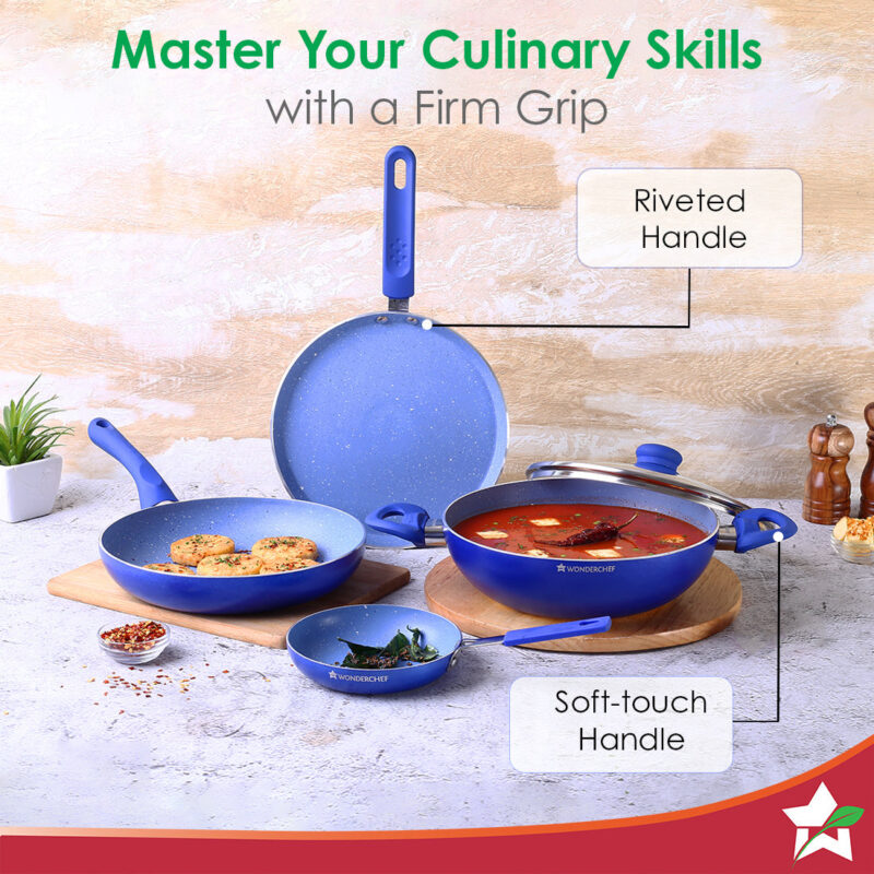 Royal Velvet Non-stick Cookware Set, 5Pc (Fry Pan with Lid, Wok, Dosa Tawa, Mini Fry Pan) Induction Bottom, Soft-touch Handles, Virgin Grade Aluminium, PFOA/Heavy Metals Free, 3mm, 2 Years Warranty, Blue - Image 4