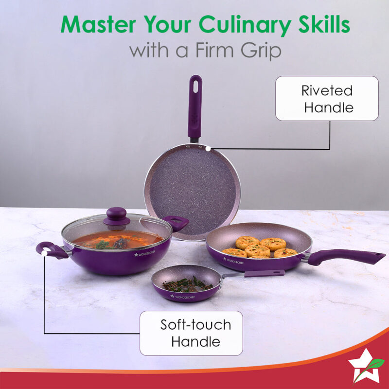 Royal Velvet Non-stick 5-piece Cookware Set (Fry Pan with Lid, Wok, Dosa Tawa, Mini Fry Pan) | Induction Ready (Dosa Tawa only)| Soft-touch handles |Non – Toxic I Virgin Aluminium | 3 mm thick | 2 years warranty | Purple - Image 4