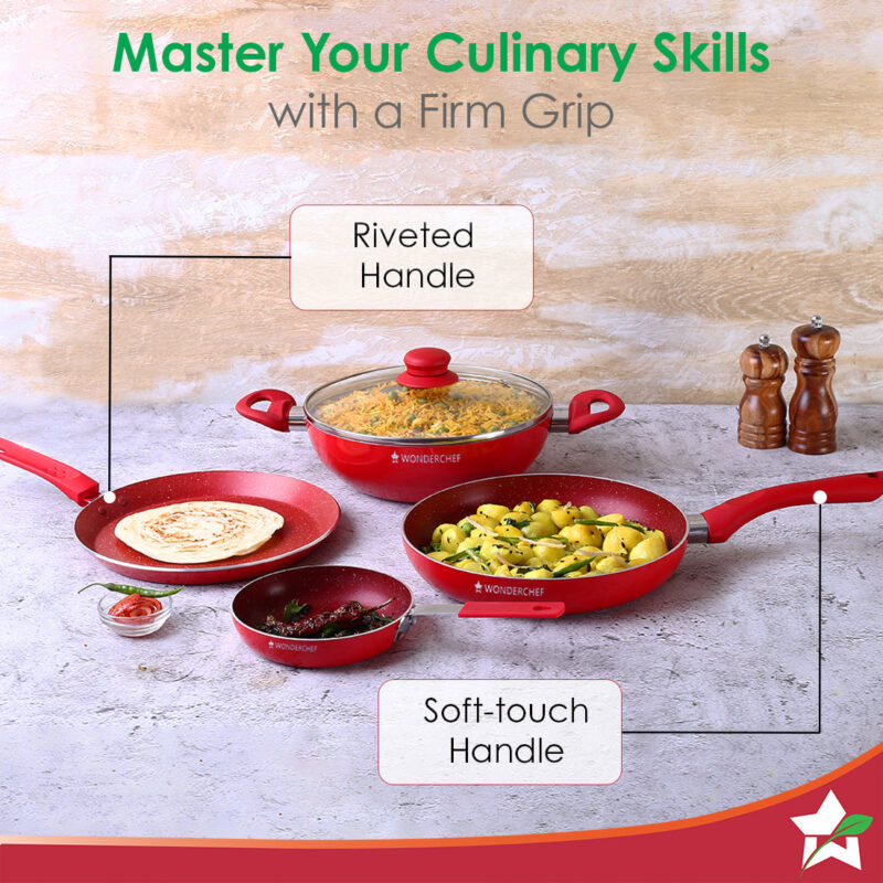 Royal Velvet Non-stick Cookware Set, 5Pc (Fry Pan with Lid, Wok, Dosa Tawa, Mini Fry Pan) Induction bottom, Soft-touch handles, Virgin Grade Aluminium, PFOA/Heavy Metals Free, 3 mm, 2 Years Warranty, Red - Image 4