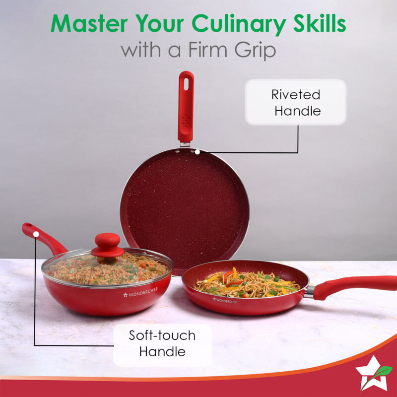 Royal Velvet Non-stick Cookware Set, 4Pc (Fry Pan with Lid, Wok, Dosa Tawa), Induction Bottom, Soft-touch Handles, Virgin Grade Aluminium, PFOA/Heavy Metals Free, 3mm, 2 Years Warranty, Red - Image 4